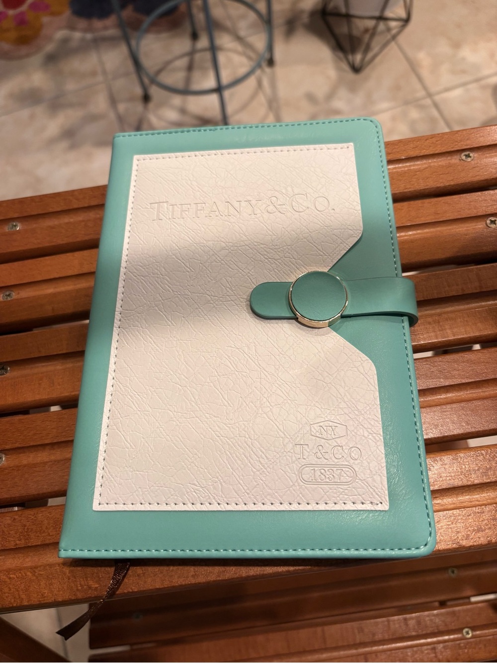 Tiffany & Co. Turquoise and White Leather Notebook / Journal with Gold-Tone Snap
